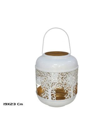 Portavelas Farol Metal Blanco Árboles Vintage 23cm