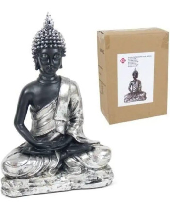 Figurine Bouddha Méditation Noir Argent 38cm Décor Zen