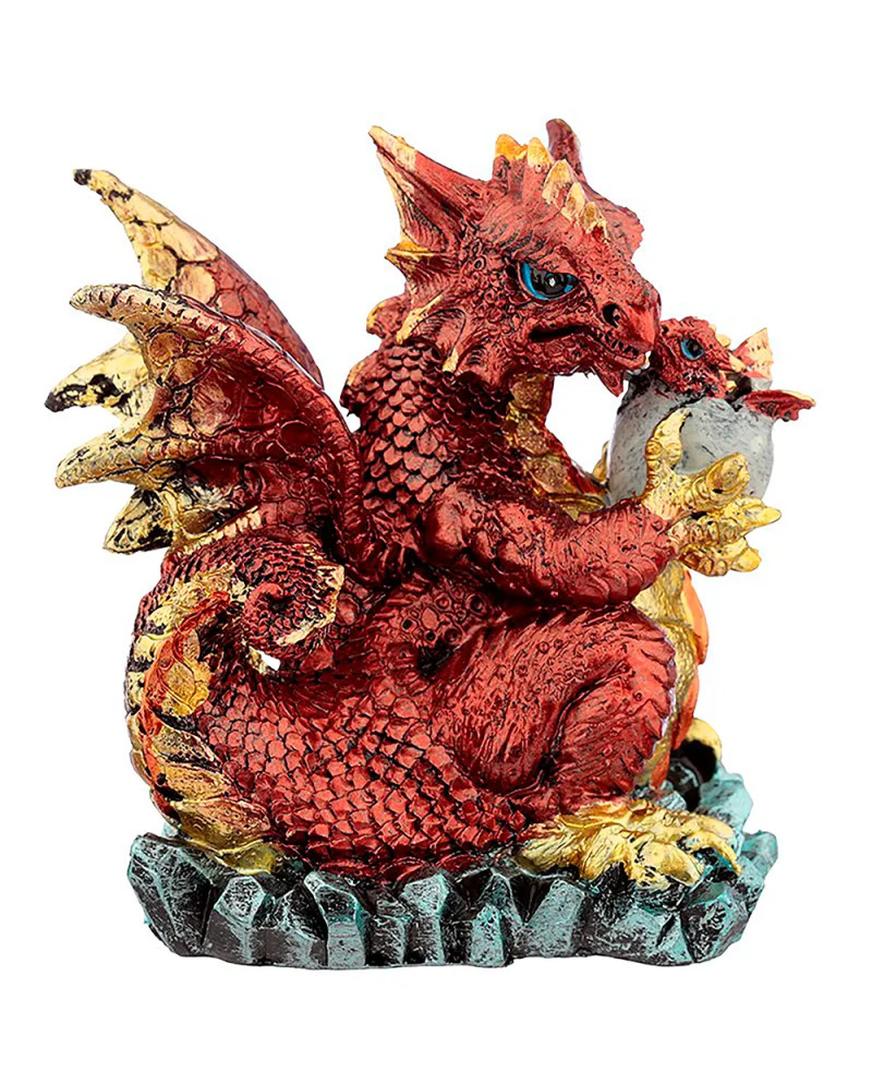 Figura Dragón Rojo con Cría Decoración Fantasía Resina