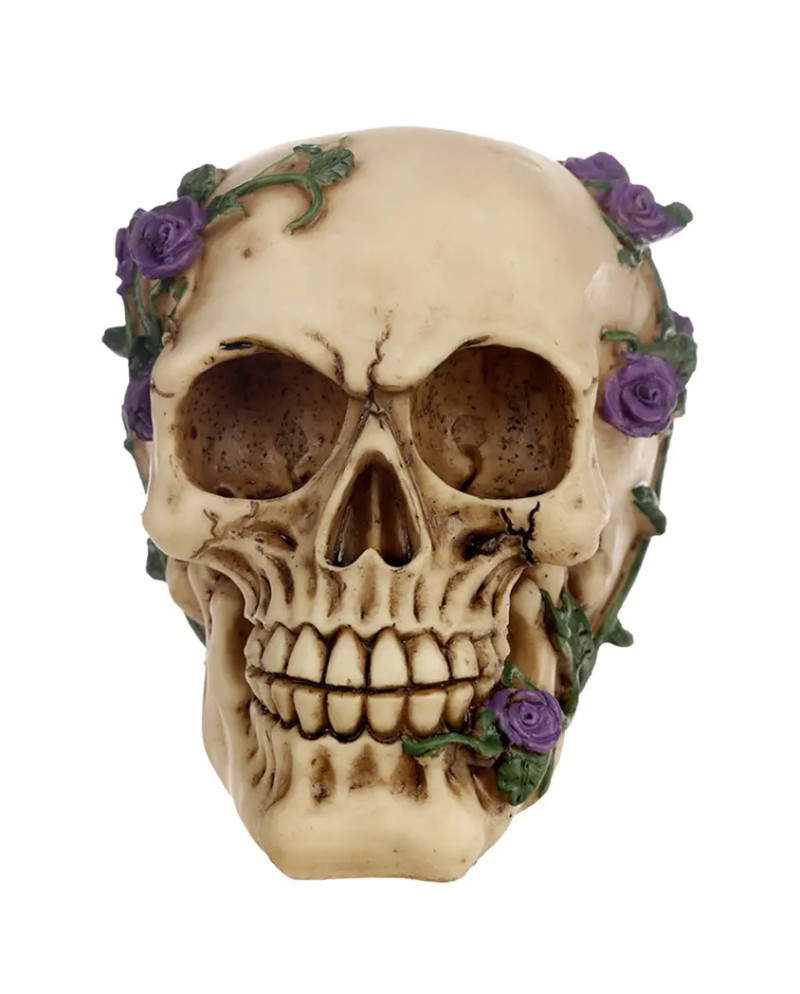 Harz Totenkopf Figur Gotik Lila Rosen Deko Ornament