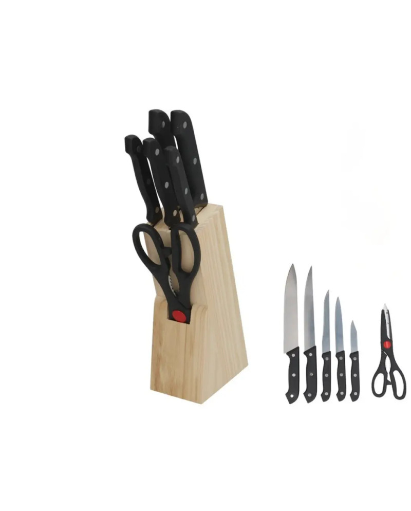 5 Knives Scissors Wooden Block Set 7pc Kitchen Cutlery 19cm
