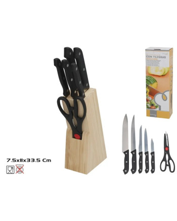 5 Knives Scissors Wooden Block Set 7pc Kitchen Cutlery 19cm