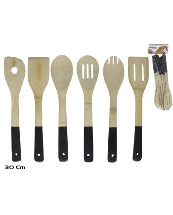 Set 6 Ustensiles Cuisine Bambou 30cm Cuillères Spatules