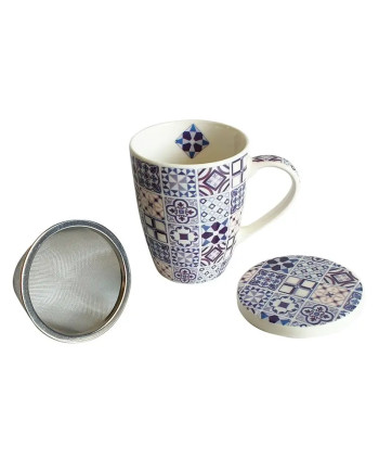 Keramik Teetasse Sieb Deckel Blau Mosaik Design Geschenk
