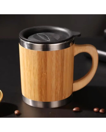 Taza Térmica Bambú Acero Inox. Aislante con Tapa Asa