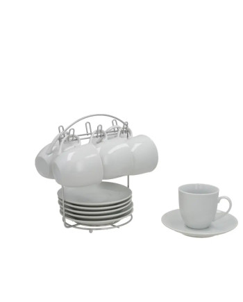 Set of 6 Ceramic Cups & Saucers 180ml with Rack - Tarck