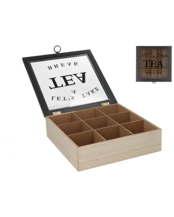 Tea Box Wood Glass Lid 24x24x7cm Storage 9 Slots