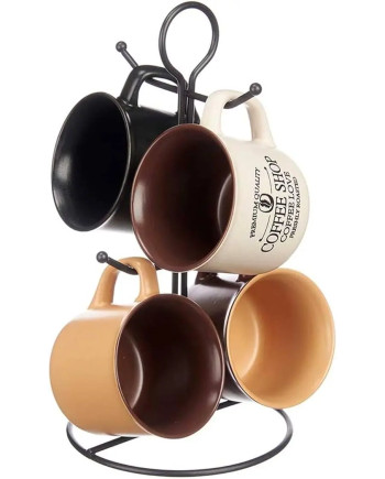 Set 4 Tazze in Ceramica con Porta Tazze in Metallo