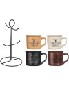 Set of 4 Ceramic Coffee Mugs with Hanging Rack
