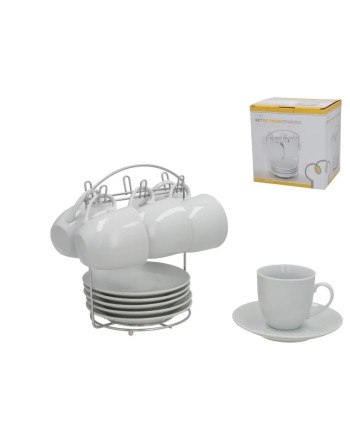 Set of 6 Ceramic Cups & Saucers 180ml with Rack - Tarck